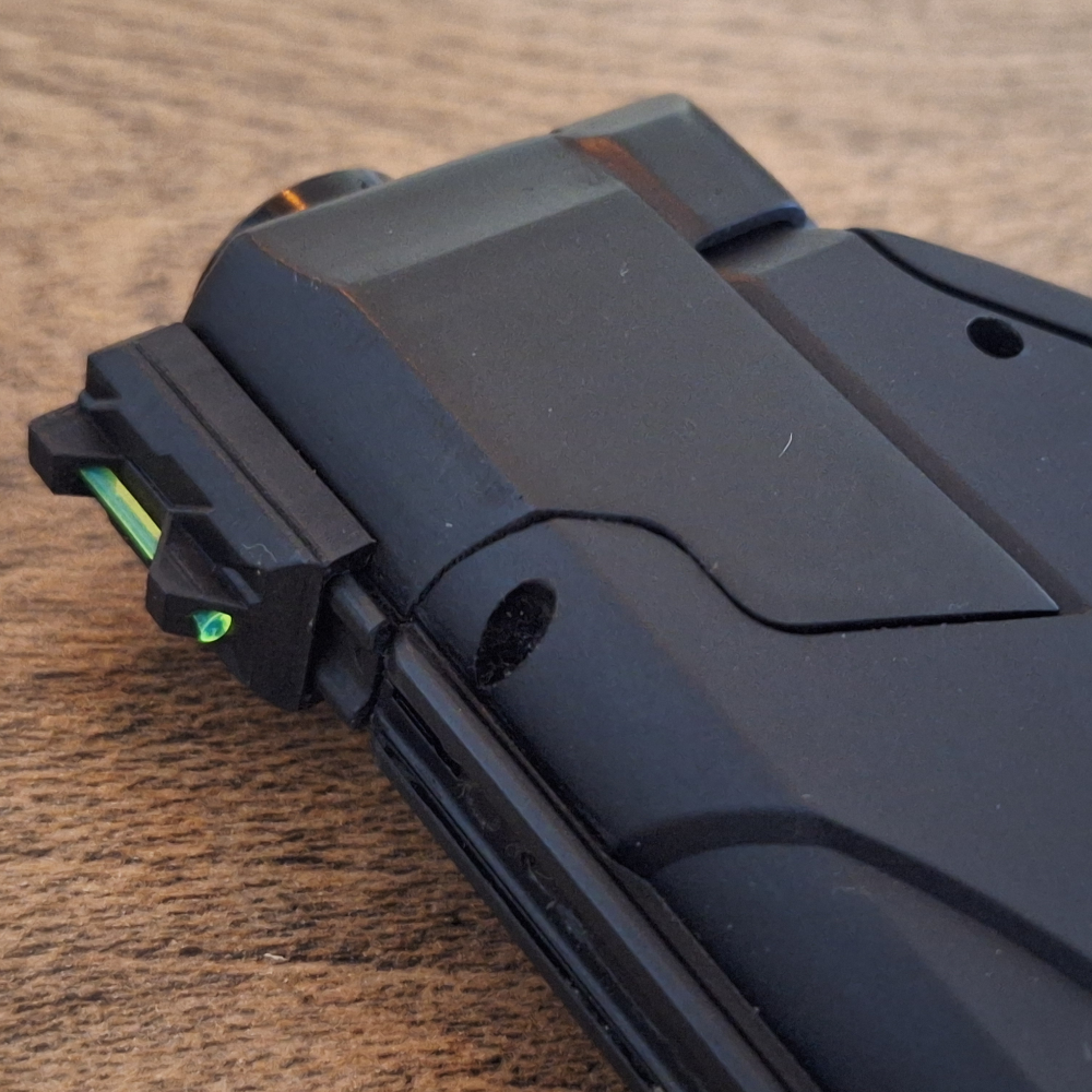 Umarex HDP50 / TP50 Compact Gen2 with compensator installed and the PRINT-FORCE Fiber Optic Green Sight close up view